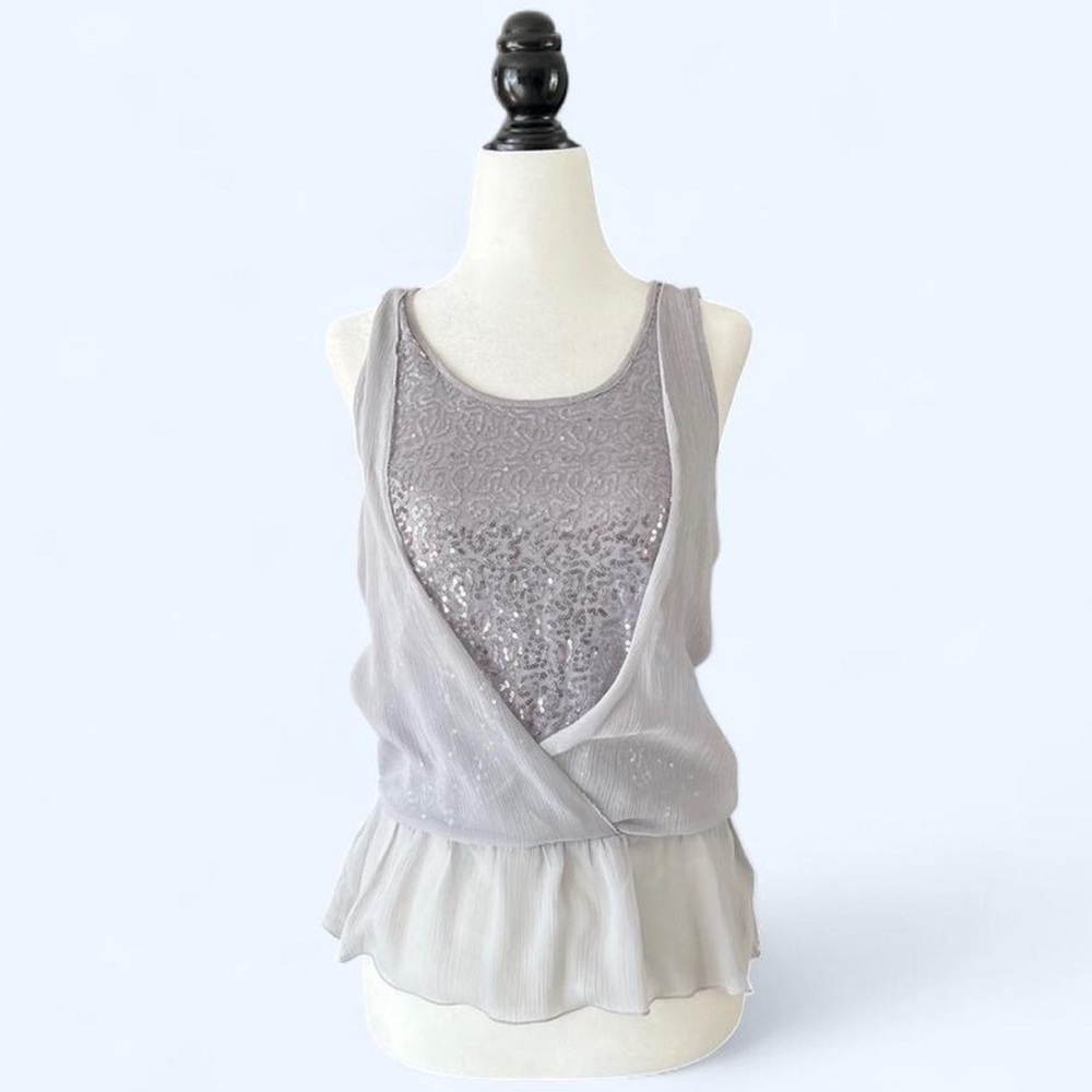 Vintage Y2K RW&CO Grey Sequin Ruffle Tank Top Boho Glam XS